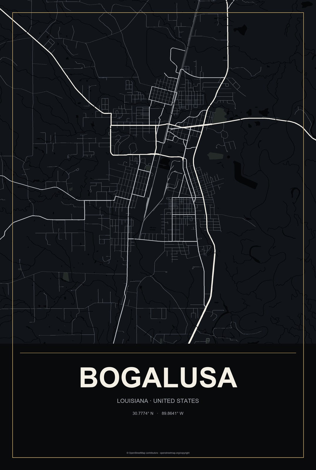 Bogalusa, Louisiana City Map Aluminum Sign in Metropolitan Noir style