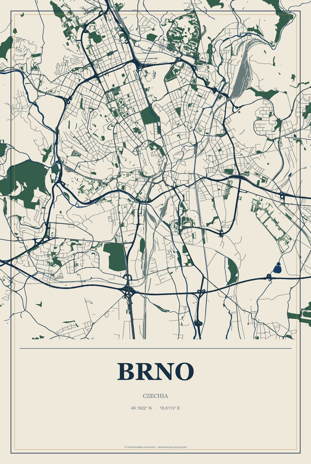 Brno, Czechia City Map Aluminum Sign in Coastal Cutout style
