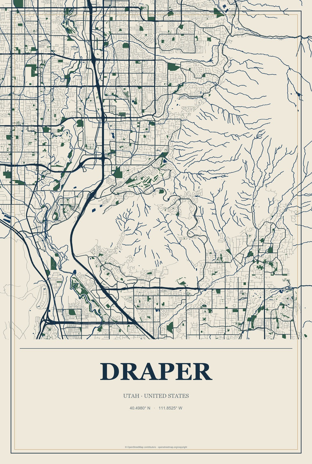 Draper, Utah City Map Aluminum Sign in Coastal Cutout style