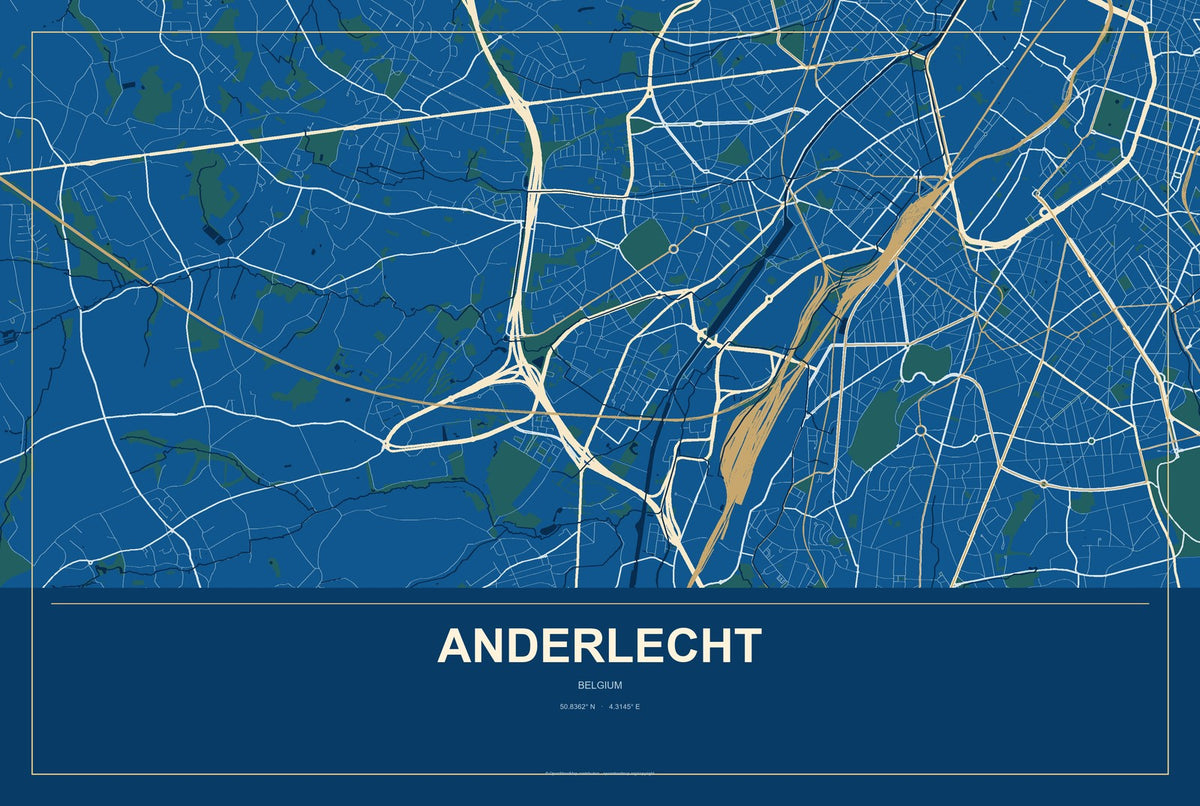 Anderlecht, Belgium City Map Aluminum Sign in Harbor Cobalt style