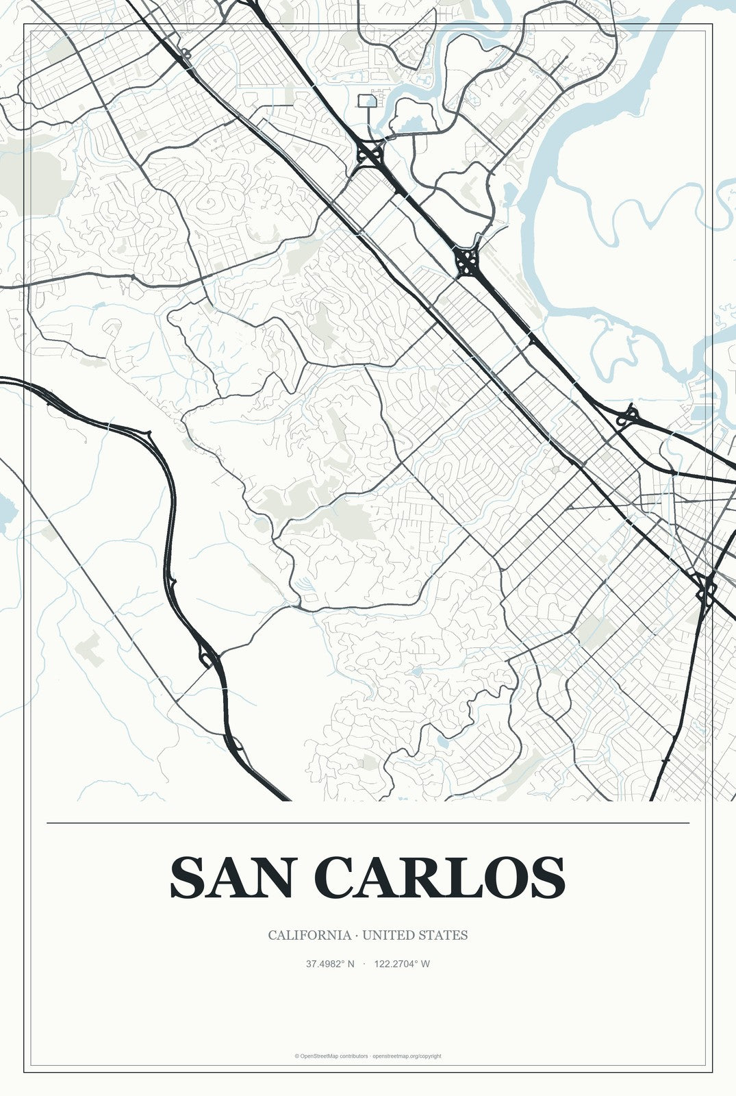 San Carlos, California City Map Aluminum Sign in Gallery Air style