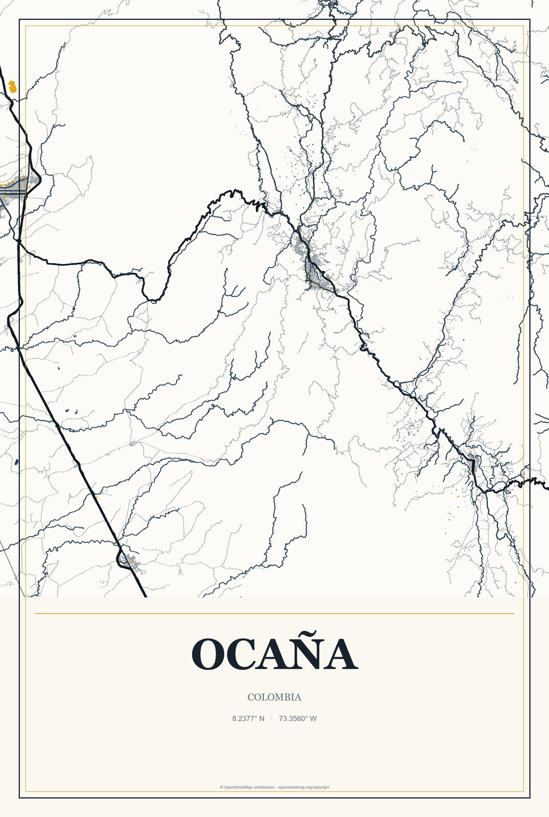 Ocaña, Colombia City Map Aluminum Sign in Citrine Modern style