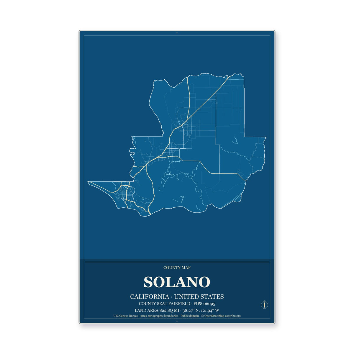 Solano County, California Map Aluminum Sign in Harbor Cobalt style