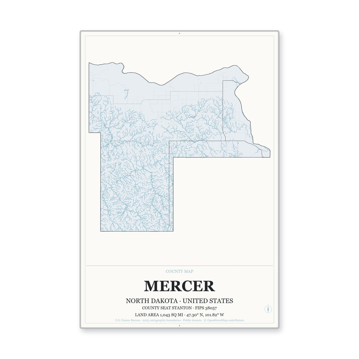 Mercer County, North Dakota Map Aluminum Sign in Gallery Air style