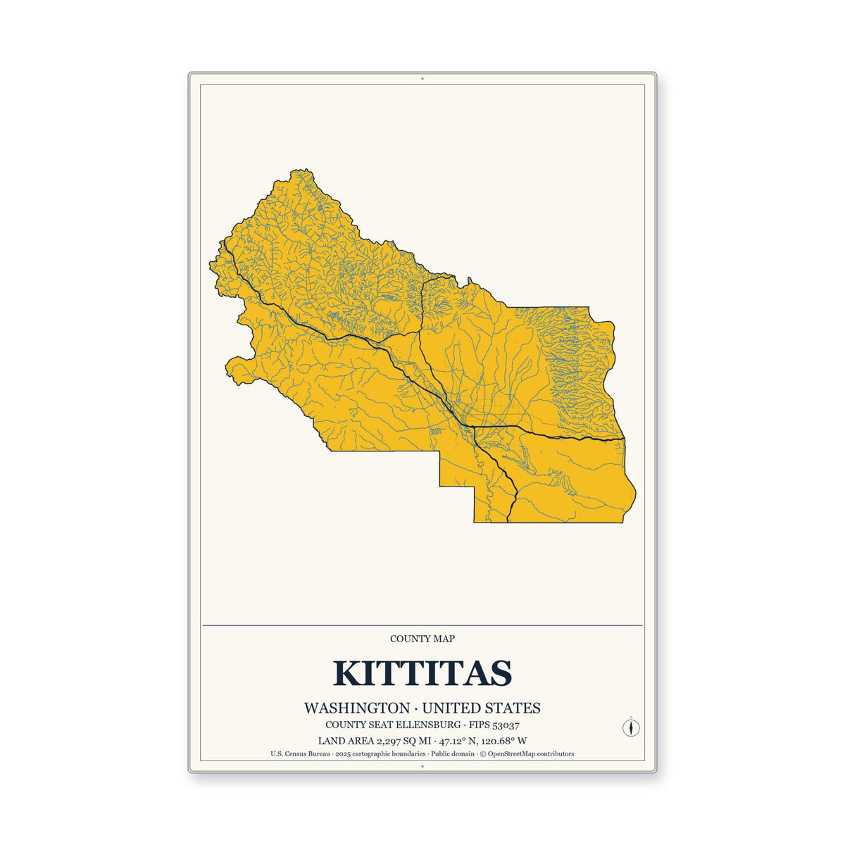 Kittitas County, Washington Map Aluminum Sign in Citrine Modern style