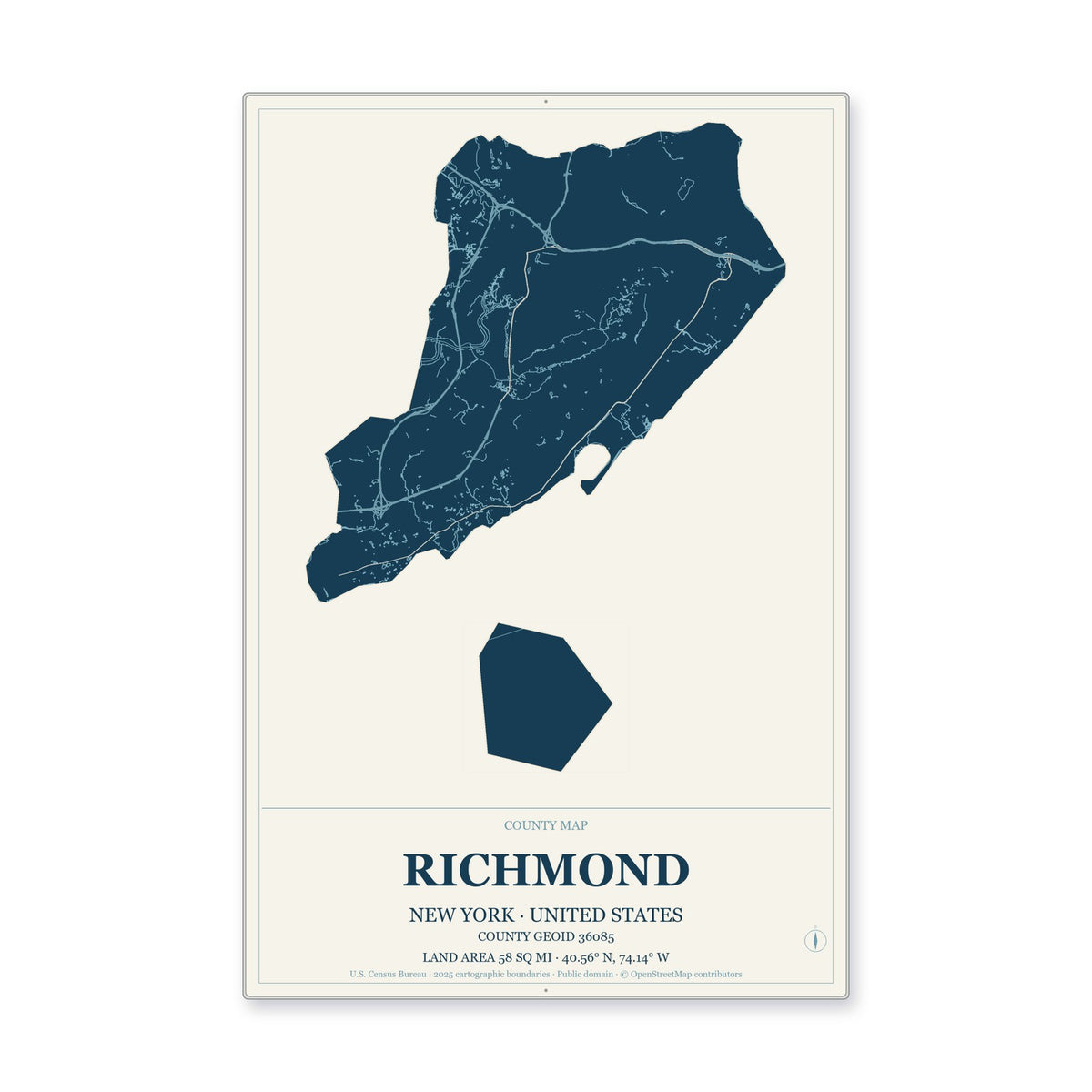 Richmond County, New York Map Aluminum Sign in Coastal Cutout style