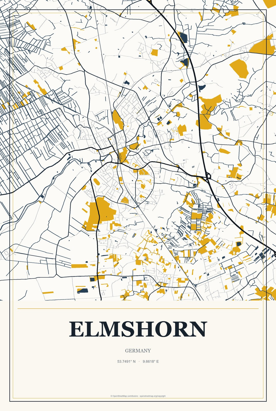 Elmshorn, Germany City Map Aluminum Sign in Citrine Modern style