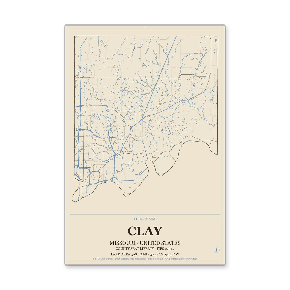 Clay County, Missouri Map Aluminum Sign in Heritage Nautical style