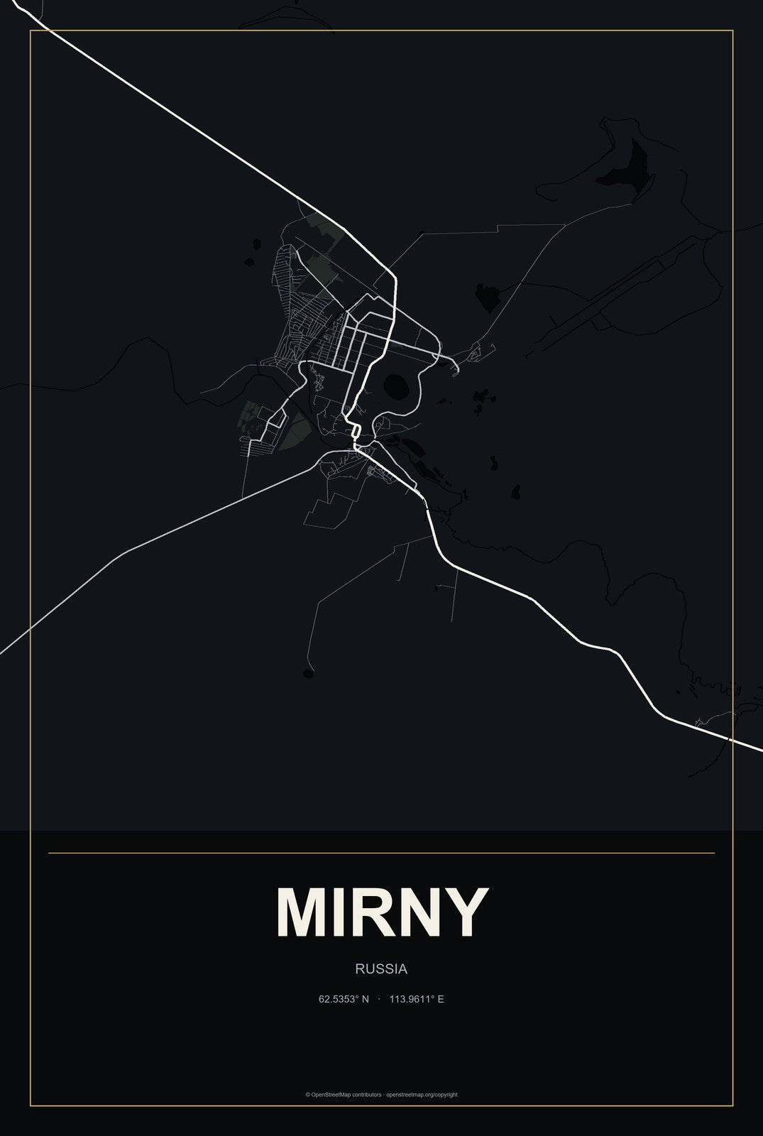 Mirny, Russia City Map Aluminum Sign in Metropolitan Noir style