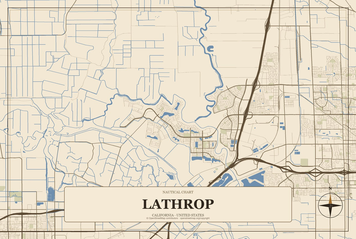 Lathrop, California City Map Aluminum Sign in Heritage Nautical style