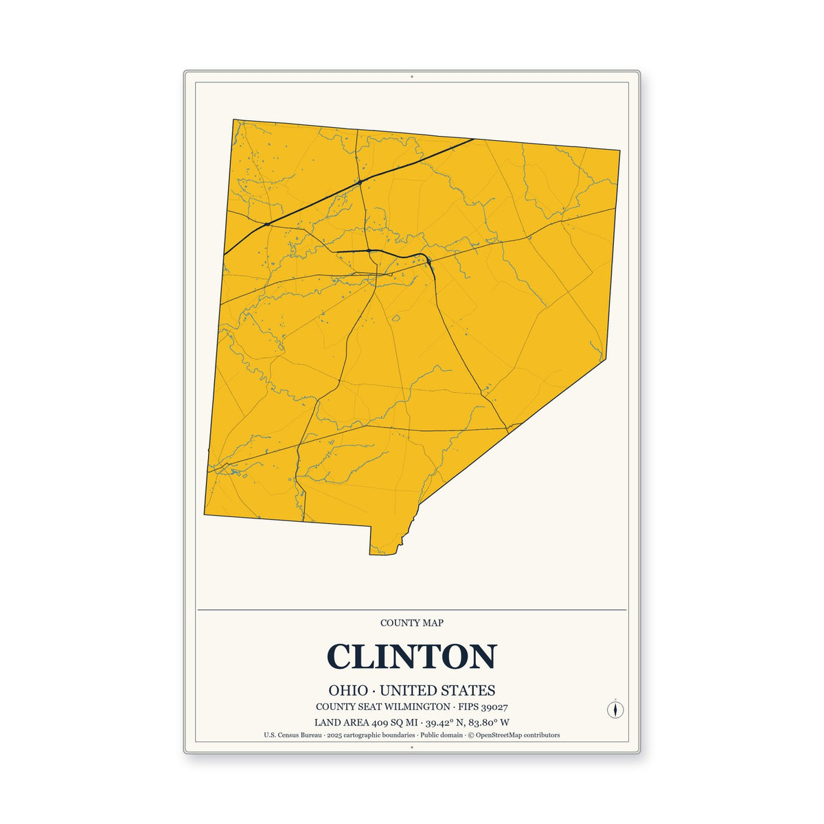 Clinton County, Ohio Map Aluminum Sign in Citrine Modern style