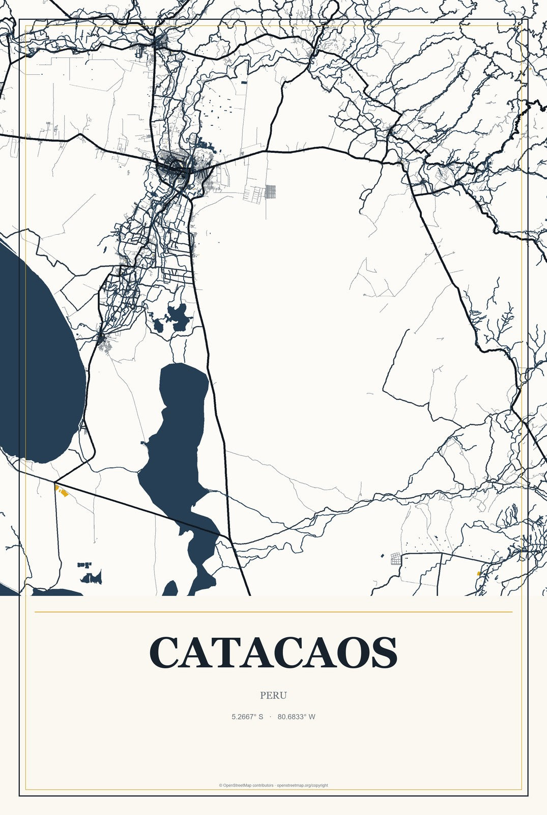 Catacaos, Peru City Map Aluminum Sign in Citrine Modern style