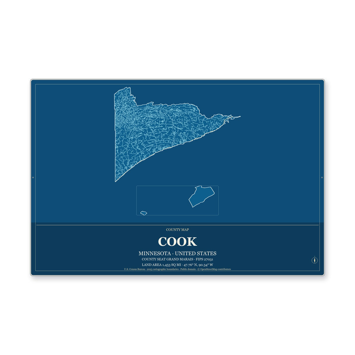 Cook County, Minnesota Map Aluminum Sign in Harbor Cobalt style
