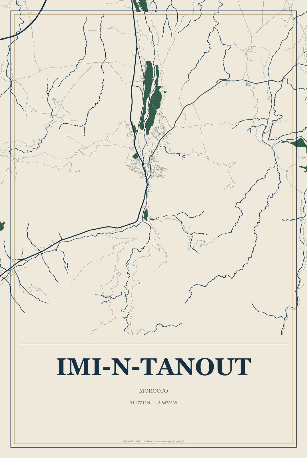 Imi-n-Tanout, Morocco City Map Aluminum Sign in Coastal Cutout style