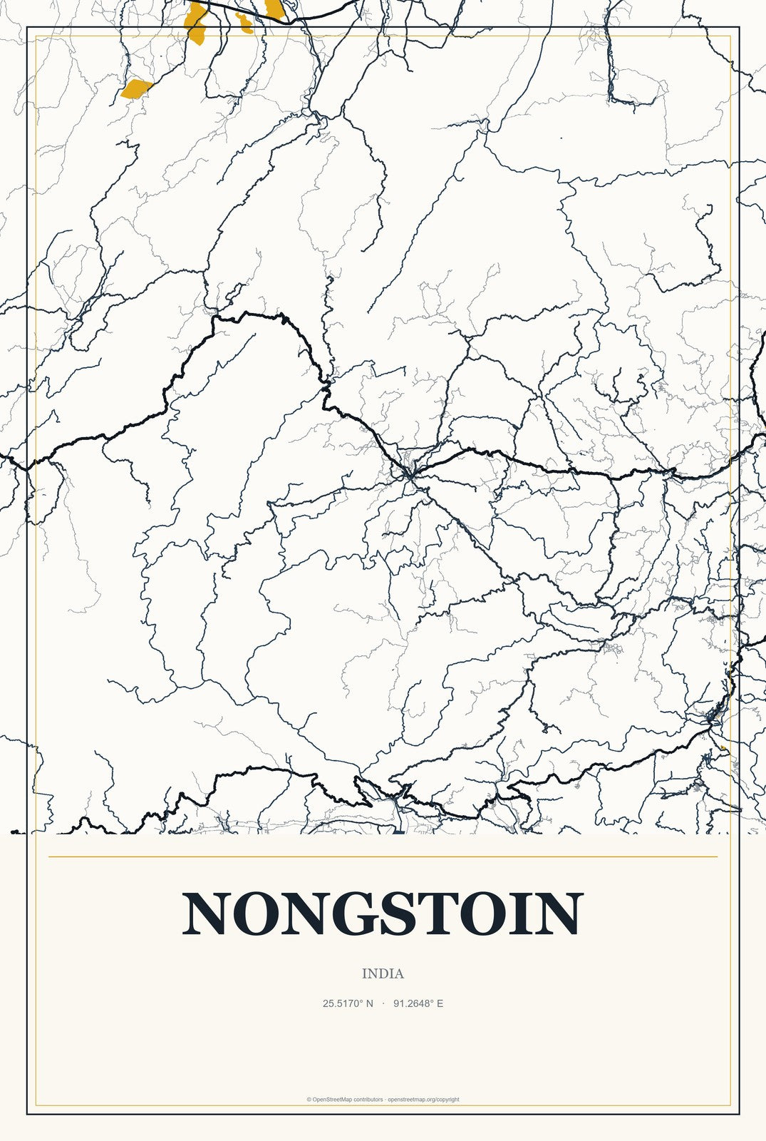 Nongstoin, India City Map Aluminum Sign in Citrine Modern style