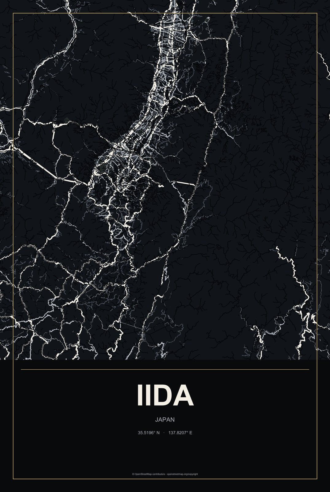Iida, Japan City Map Aluminum Sign in Metropolitan Noir style