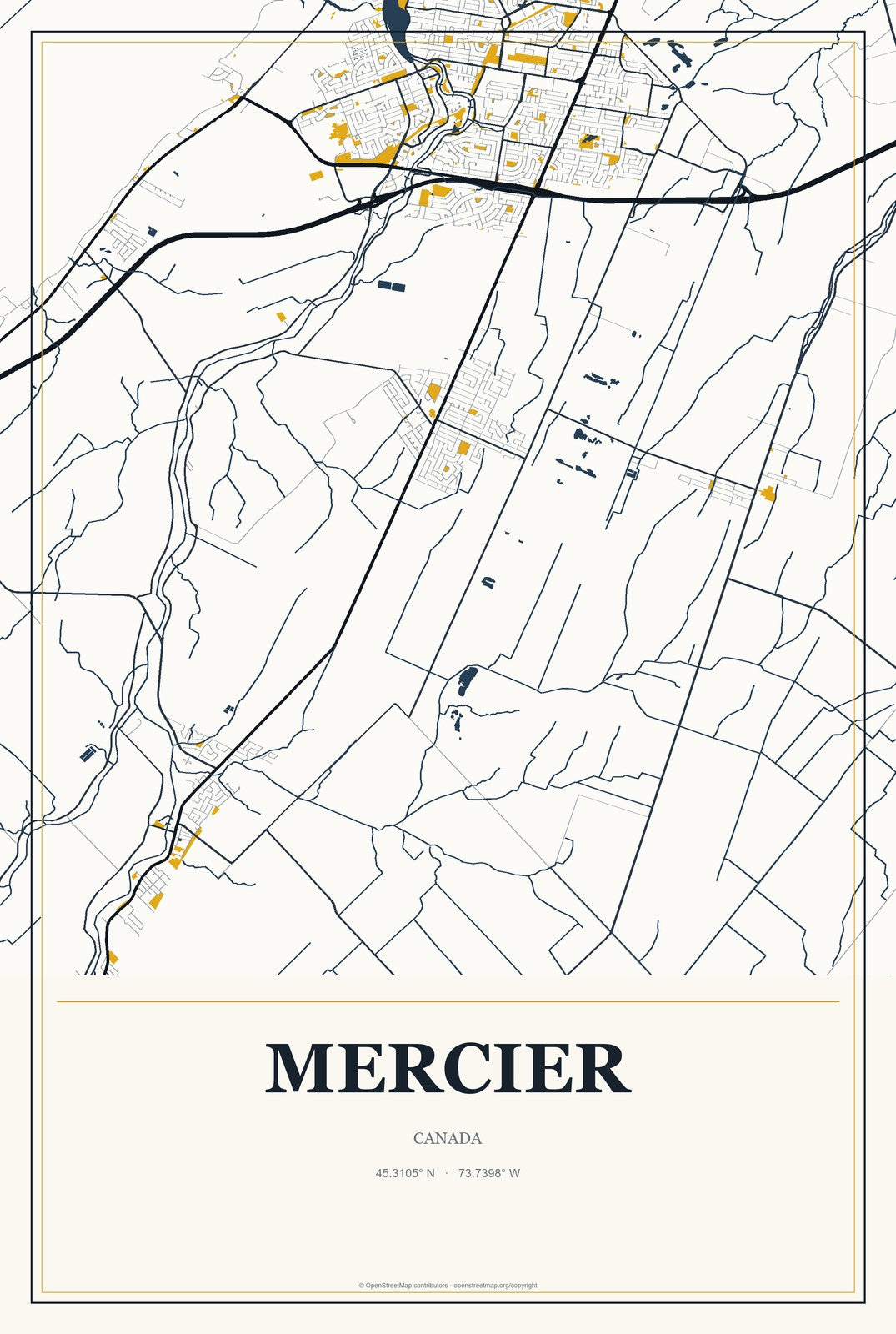 Mercier, Canada City Map Aluminum Sign in Citrine Modern style
