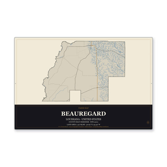 Beauregard Parish, Louisiana Map Aluminum Sign in Museum Plaque style