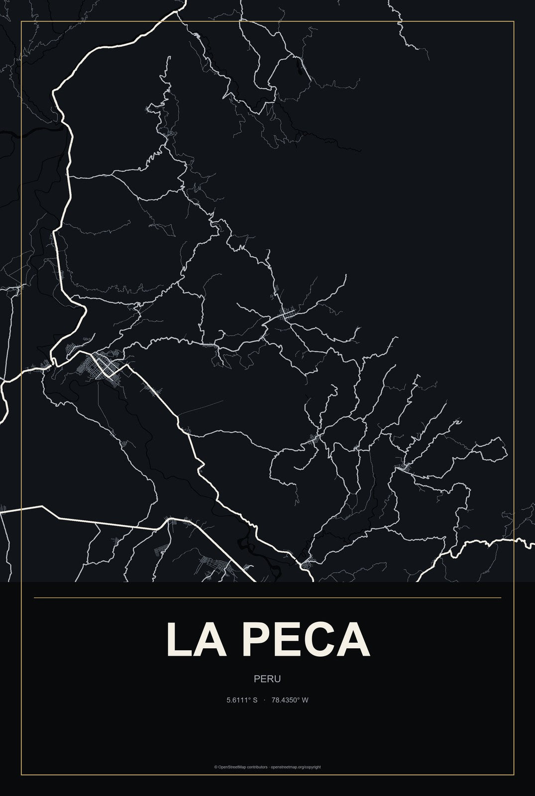 La Peca, Peru City Map Aluminum Sign in Metropolitan Noir style