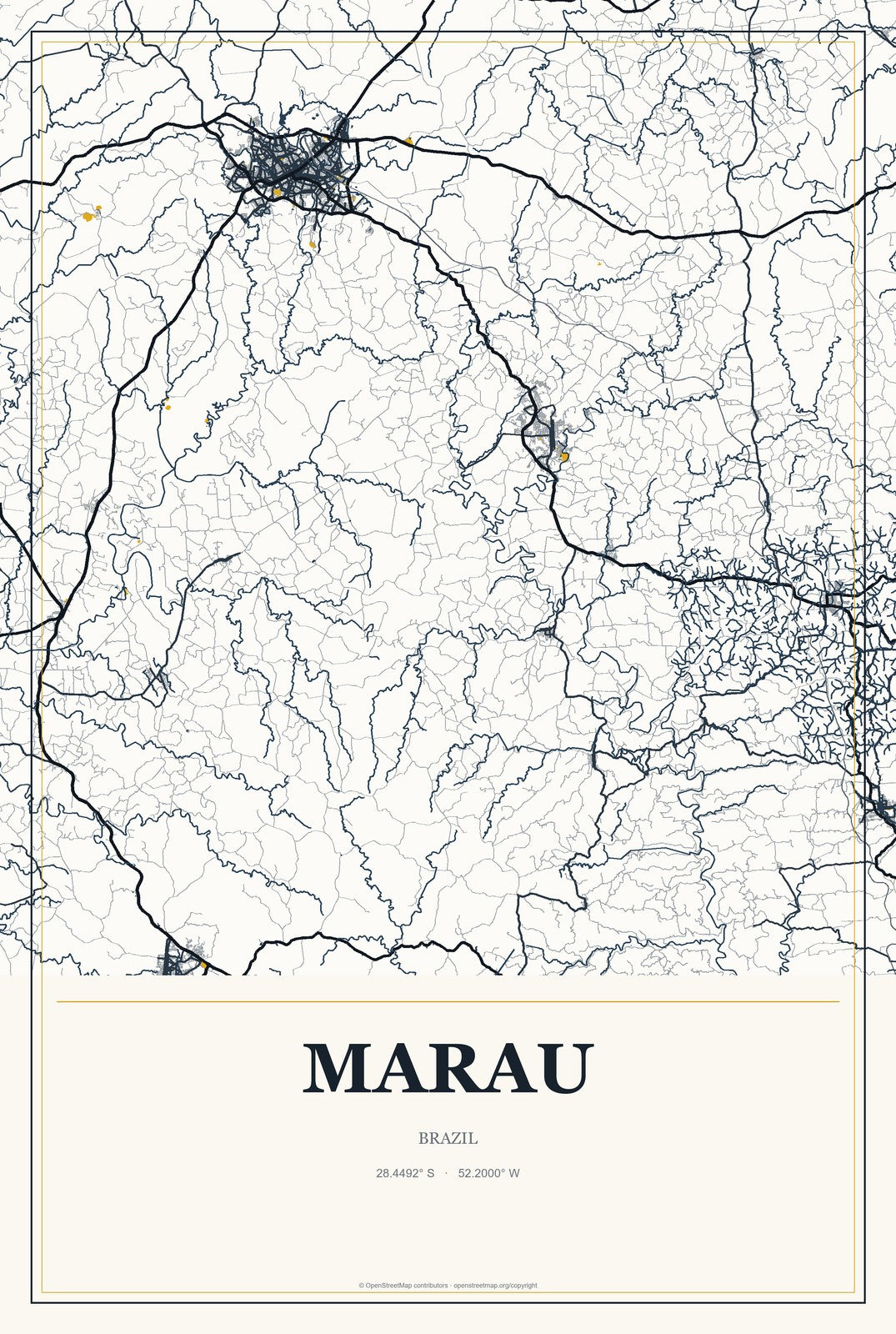 Marau, Brazil City Map Aluminum Sign in Citrine Modern style