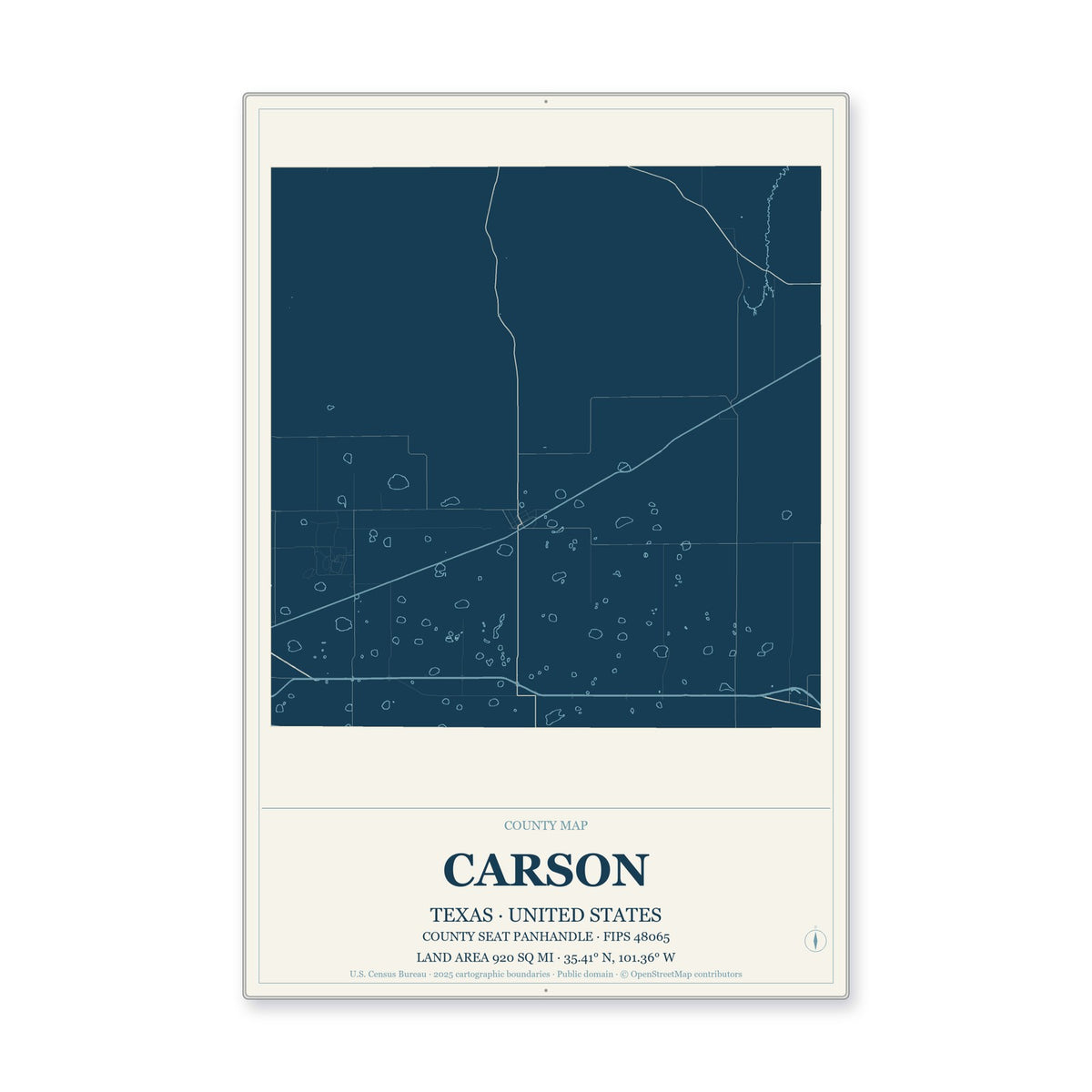 Carson County, Texas Map Aluminum Sign in Coastal Cutout style