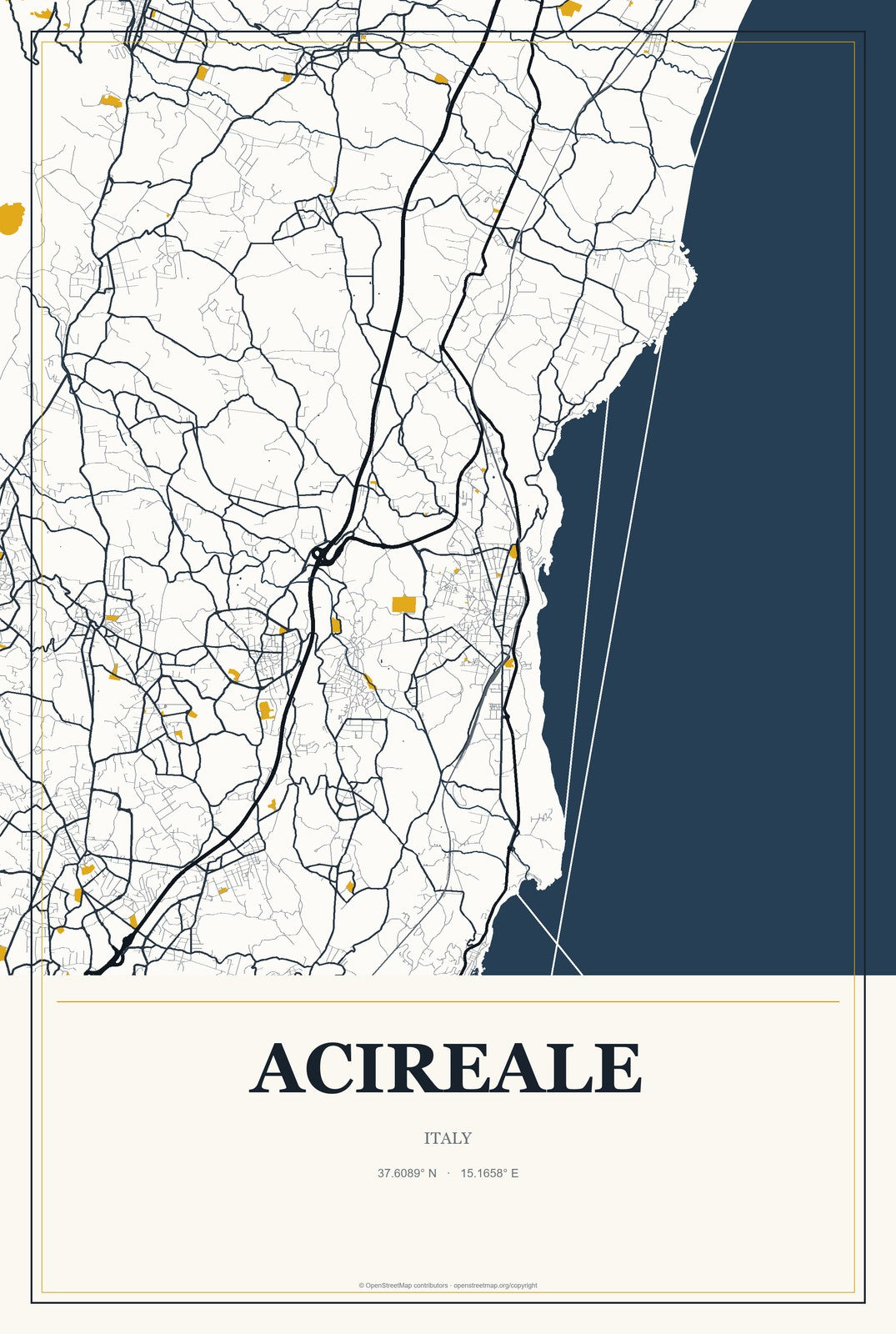 Acireale, Italy City Map Aluminum Sign in Citrine Modern style