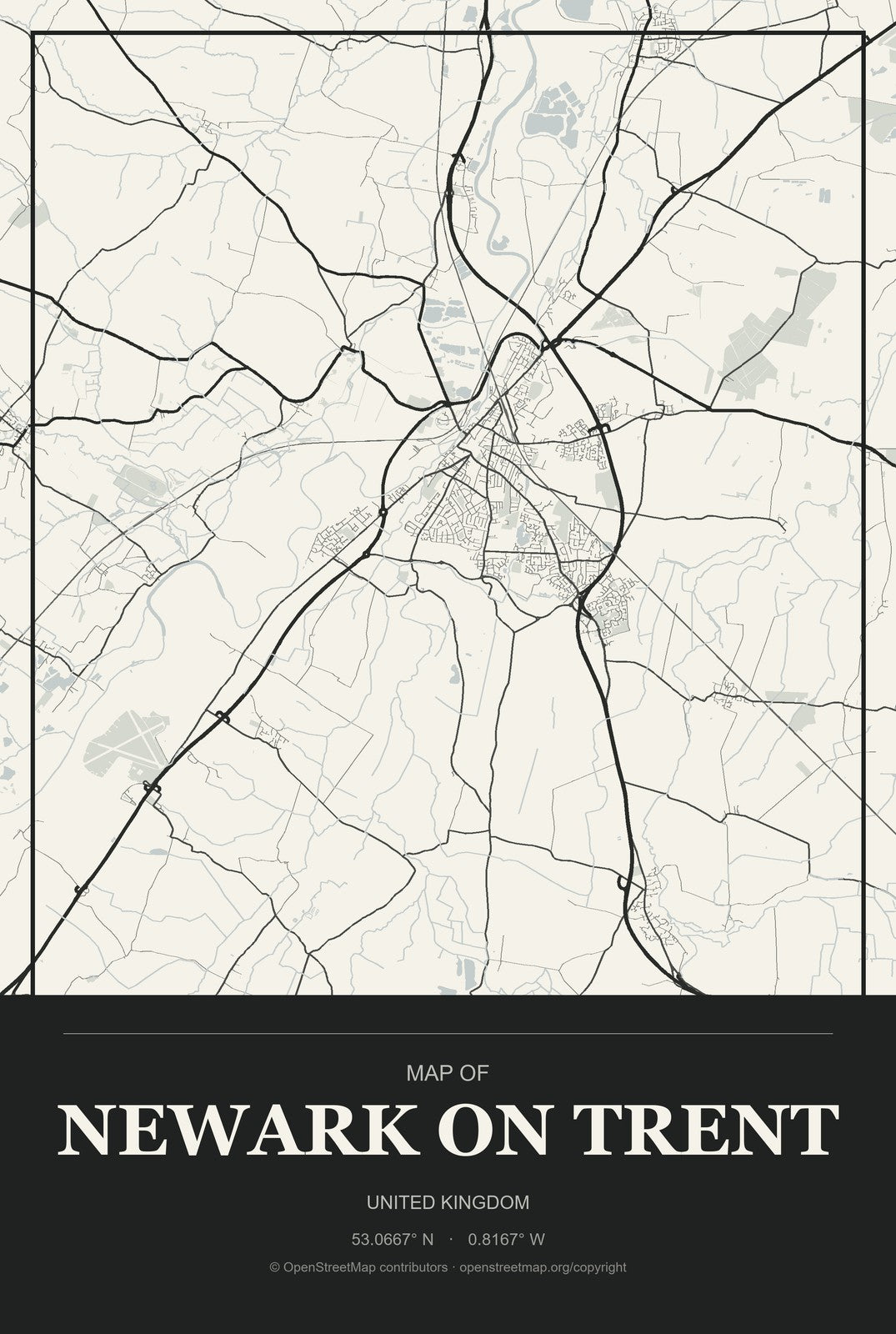 Newark on Trent, United Kingdom City Map Aluminum Sign in Museum Plaque style