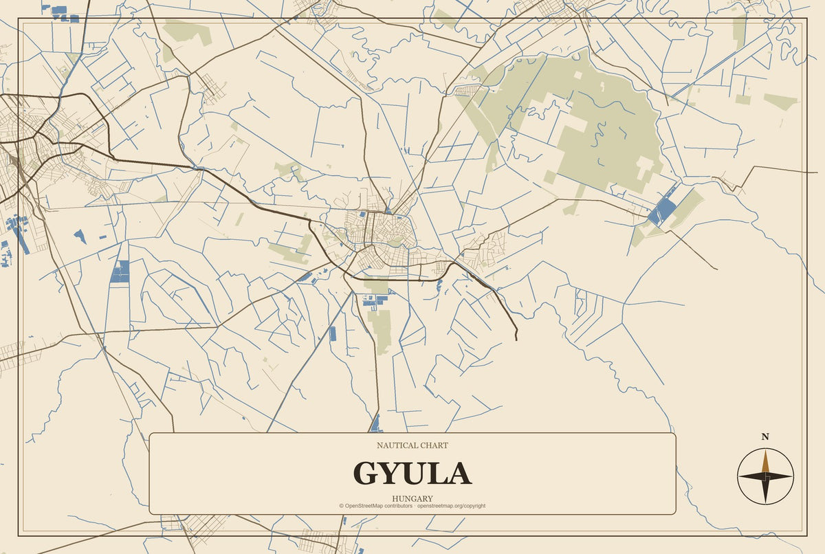 Gyula, Hungary City Map Aluminum Sign in Heritage Nautical style