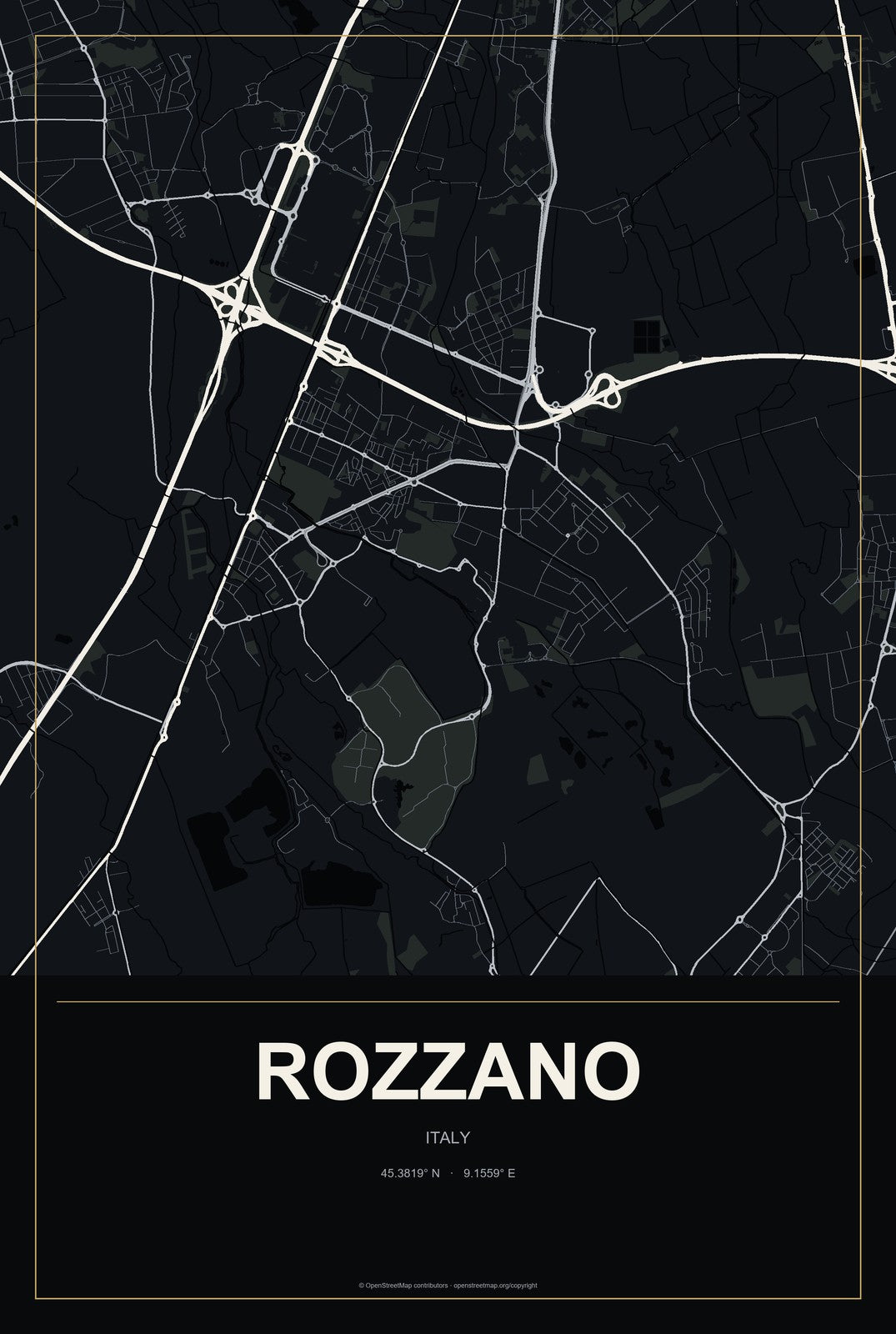 Rozzano, Italy City Map Aluminum Sign in Metropolitan Noir style