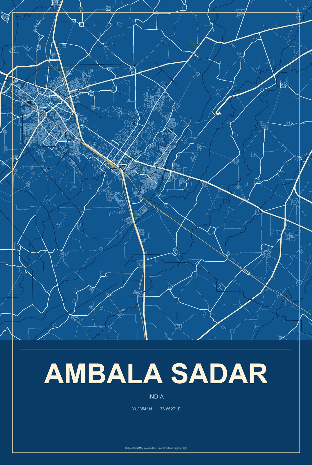 Ambala Sadar, India City Map Aluminum Sign in Harbor Cobalt style