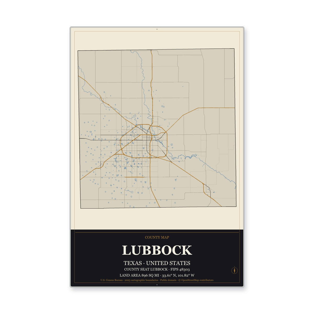 Lubbock County, Texas Map Aluminum Sign in Museum Plaque style