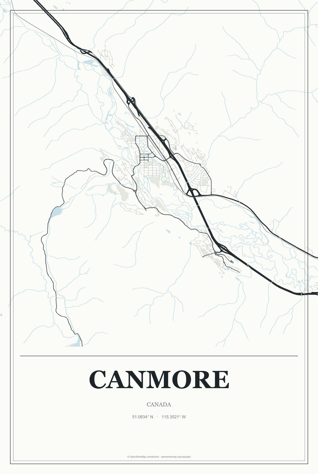 Canmore, Canada City Map Aluminum Sign in Gallery Air style