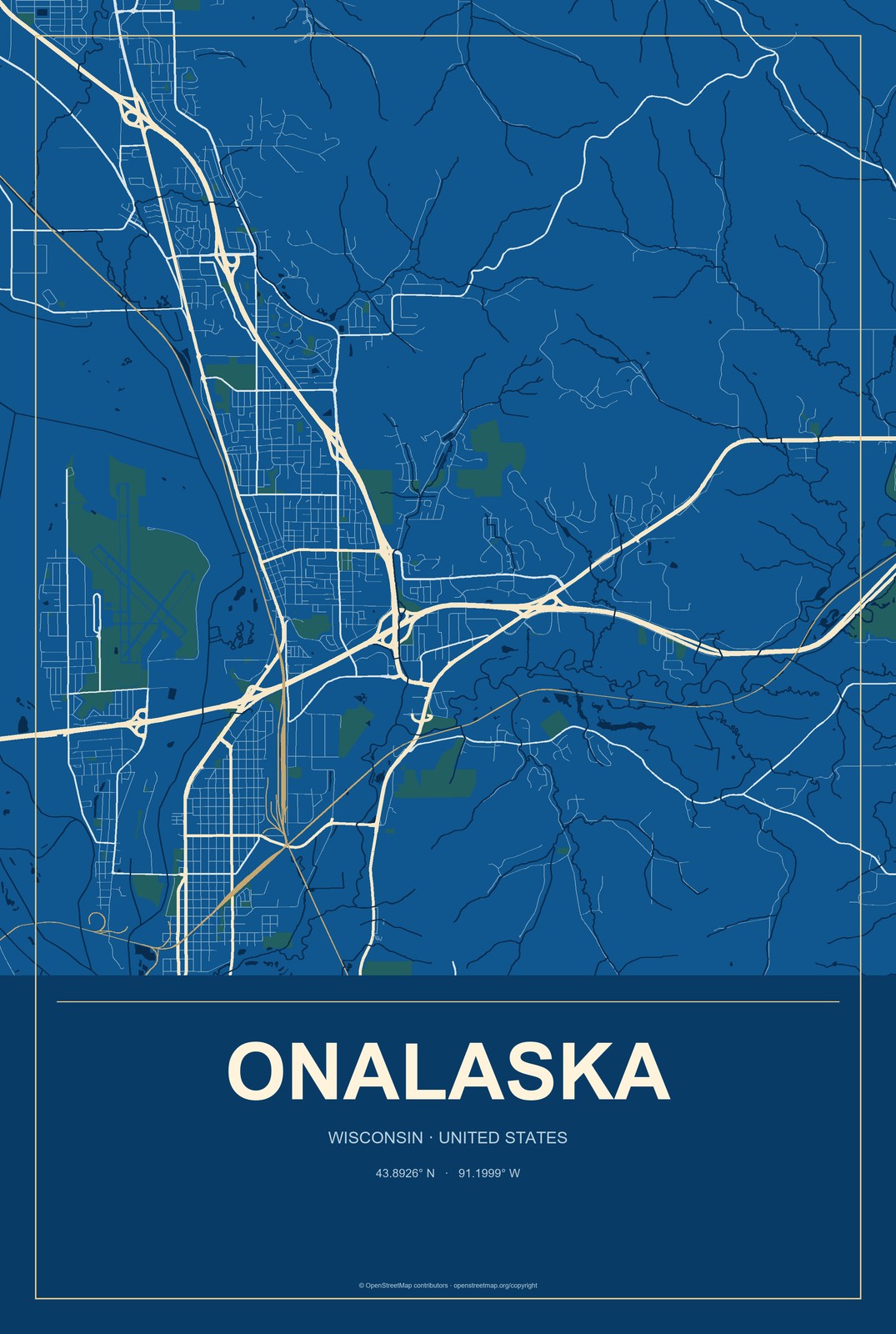 Onalaska, Wisconsin City Map Aluminum Sign in Harbor Cobalt style