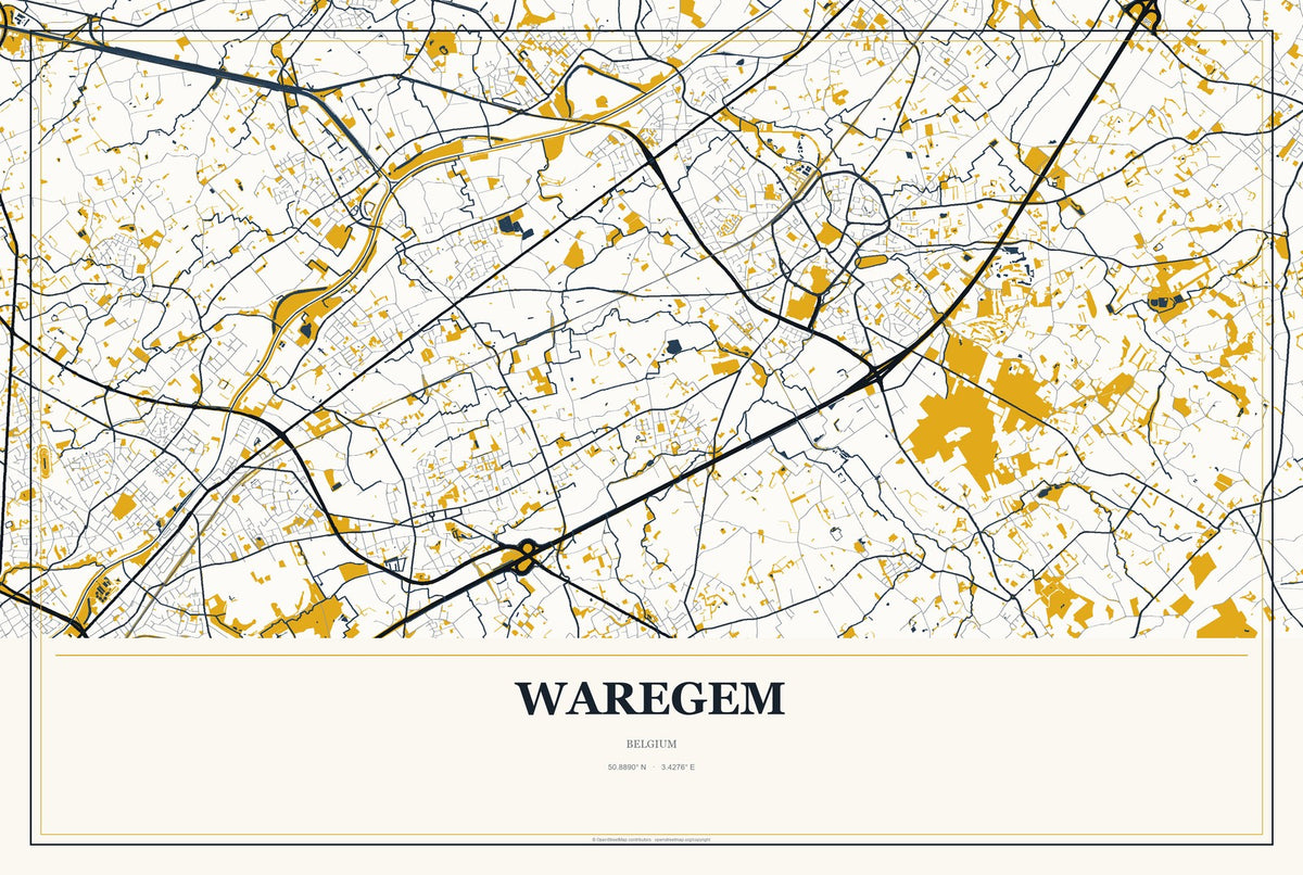 Waregem, Belgium City Map Aluminum Sign in Citrine Modern style