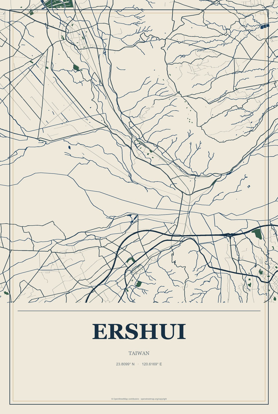 Ershui, Taiwan City Map Aluminum Sign in Coastal Cutout style