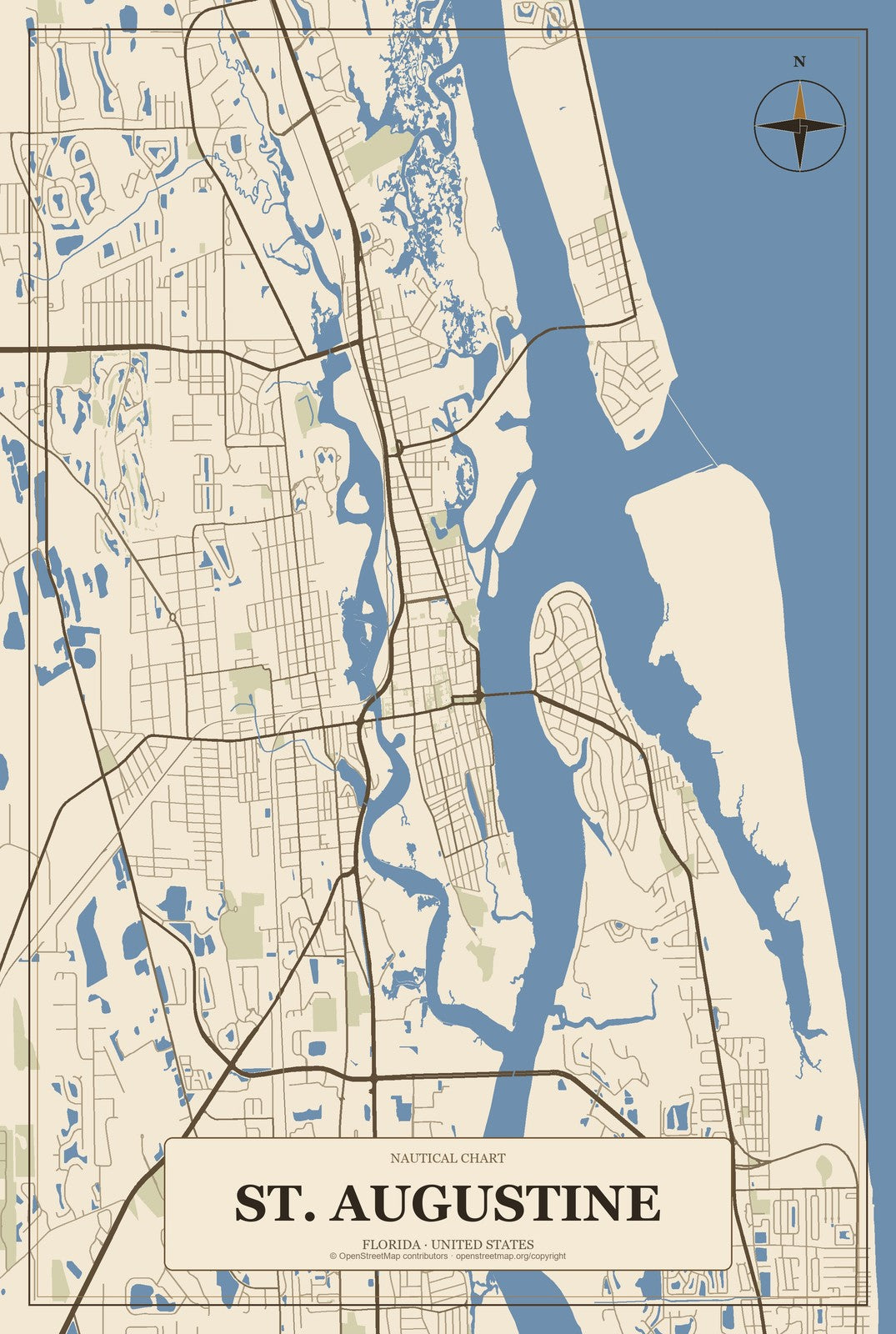 St. Augustine, Florida City Map Aluminum Sign in Heritage Nautical style