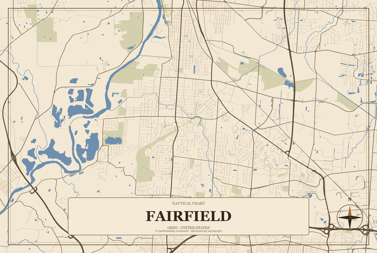 Fairfield, Ohio City Map Aluminum Sign in Heritage Nautical style
