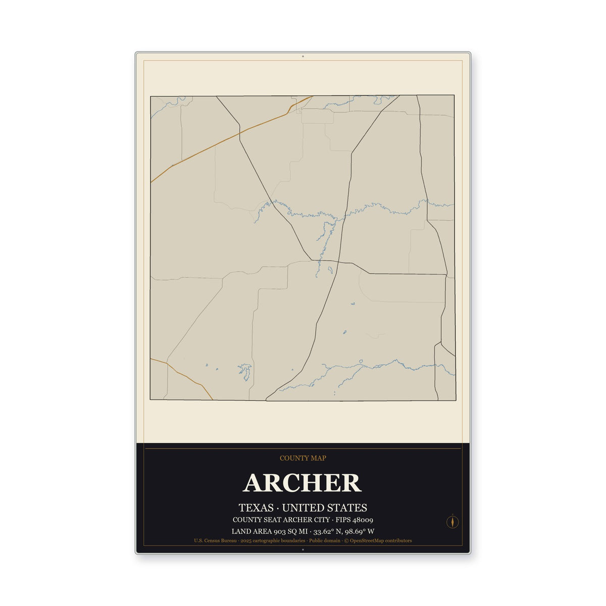 Archer County, Texas Map Aluminum Sign in Museum Plaque style
