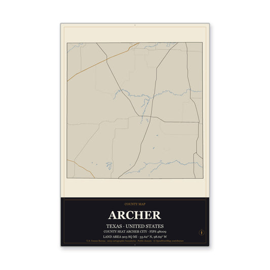Archer County, Texas Map Aluminum Sign in Museum Plaque style