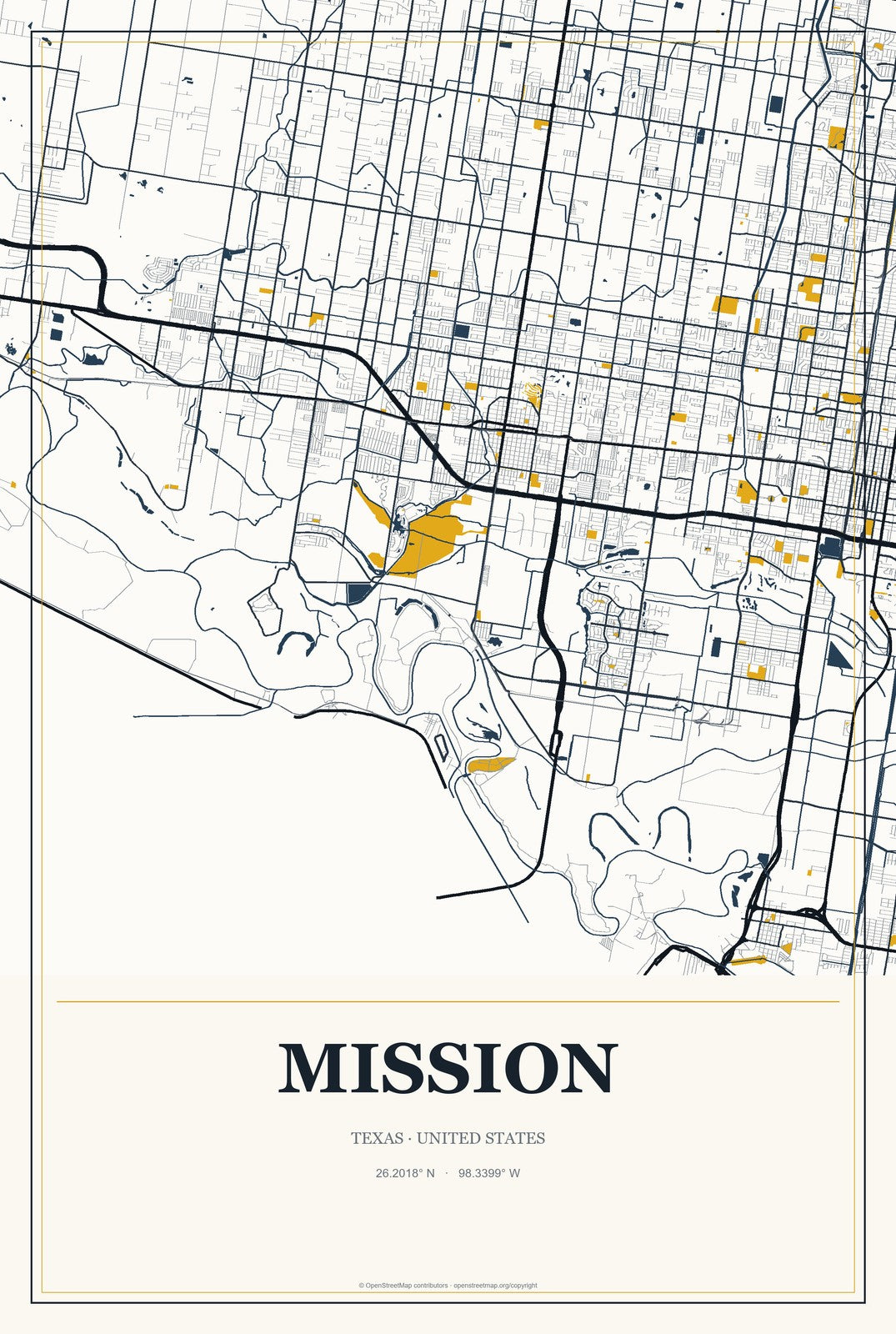 Mission, Texas City Map Aluminum Sign in Citrine Modern style