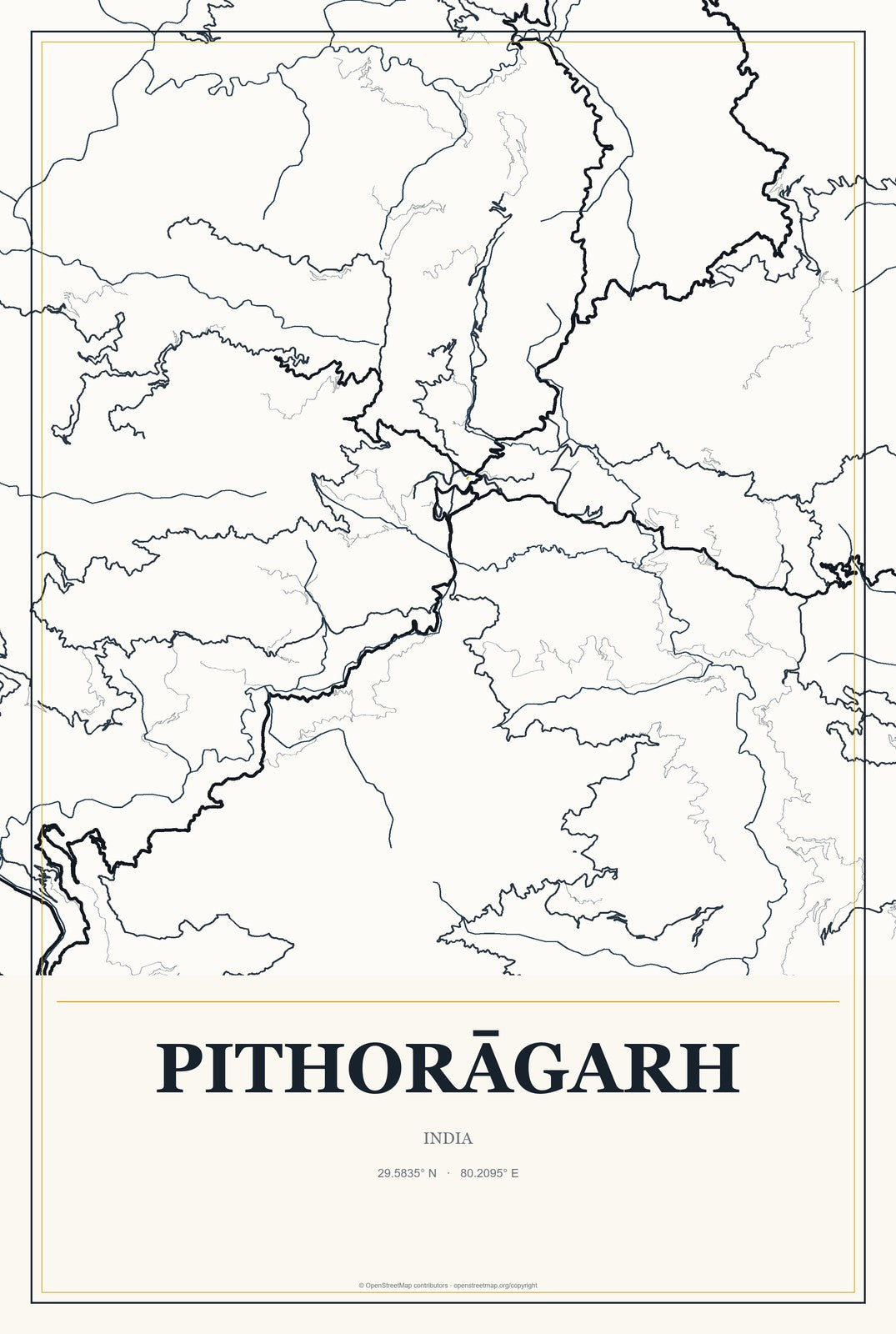 Pithorāgarh, India City Map Aluminum Sign in Citrine Modern style