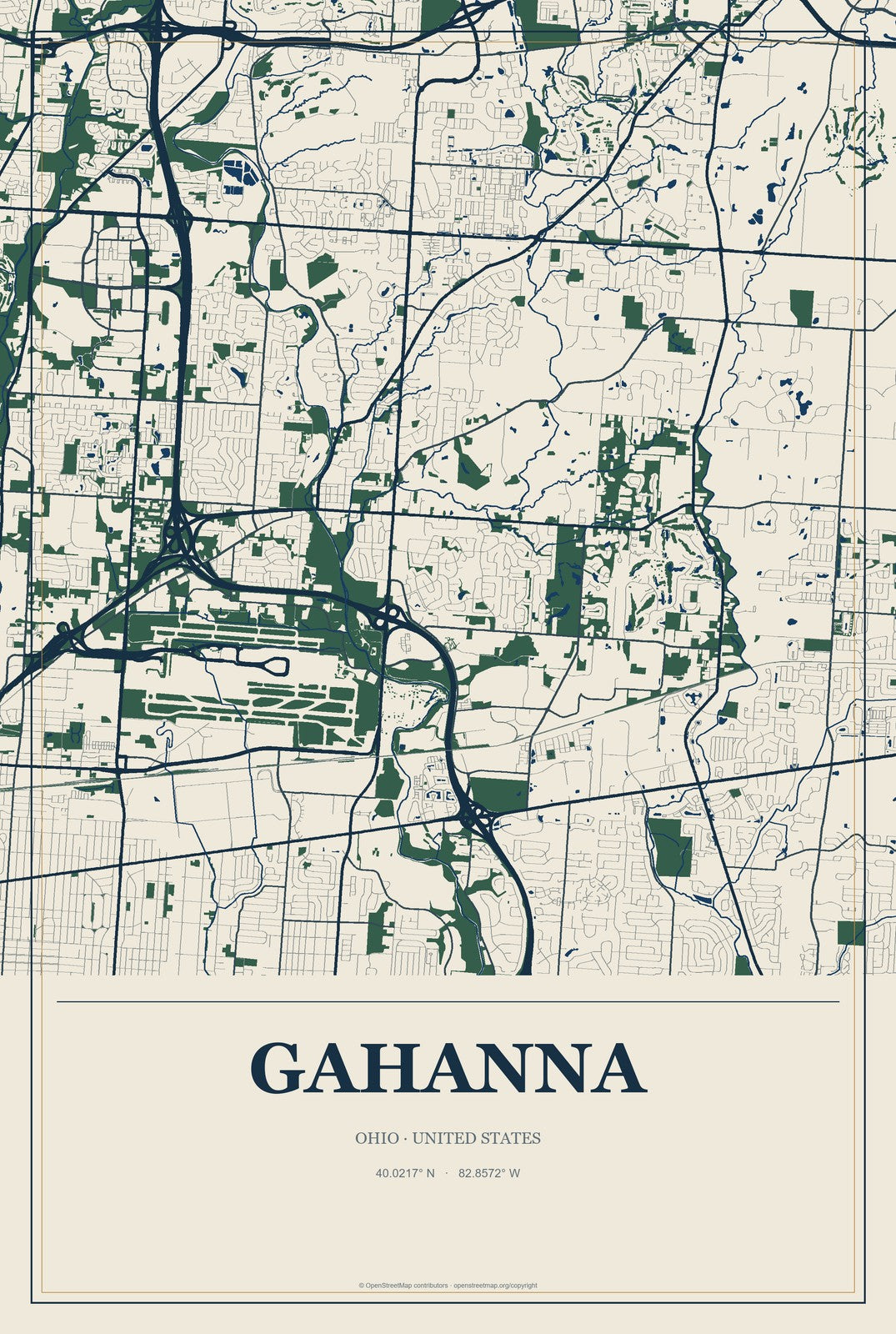Gahanna, Ohio City Map Aluminum Sign in Coastal Cutout style