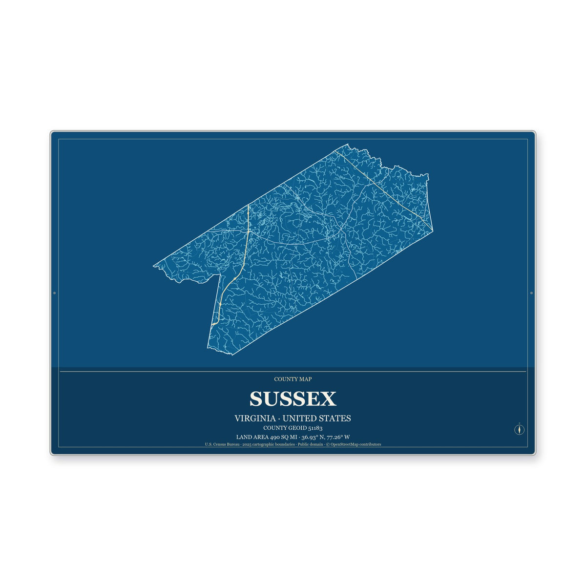 Sussex County, Virginia Map Aluminum Sign in Harbor Cobalt style