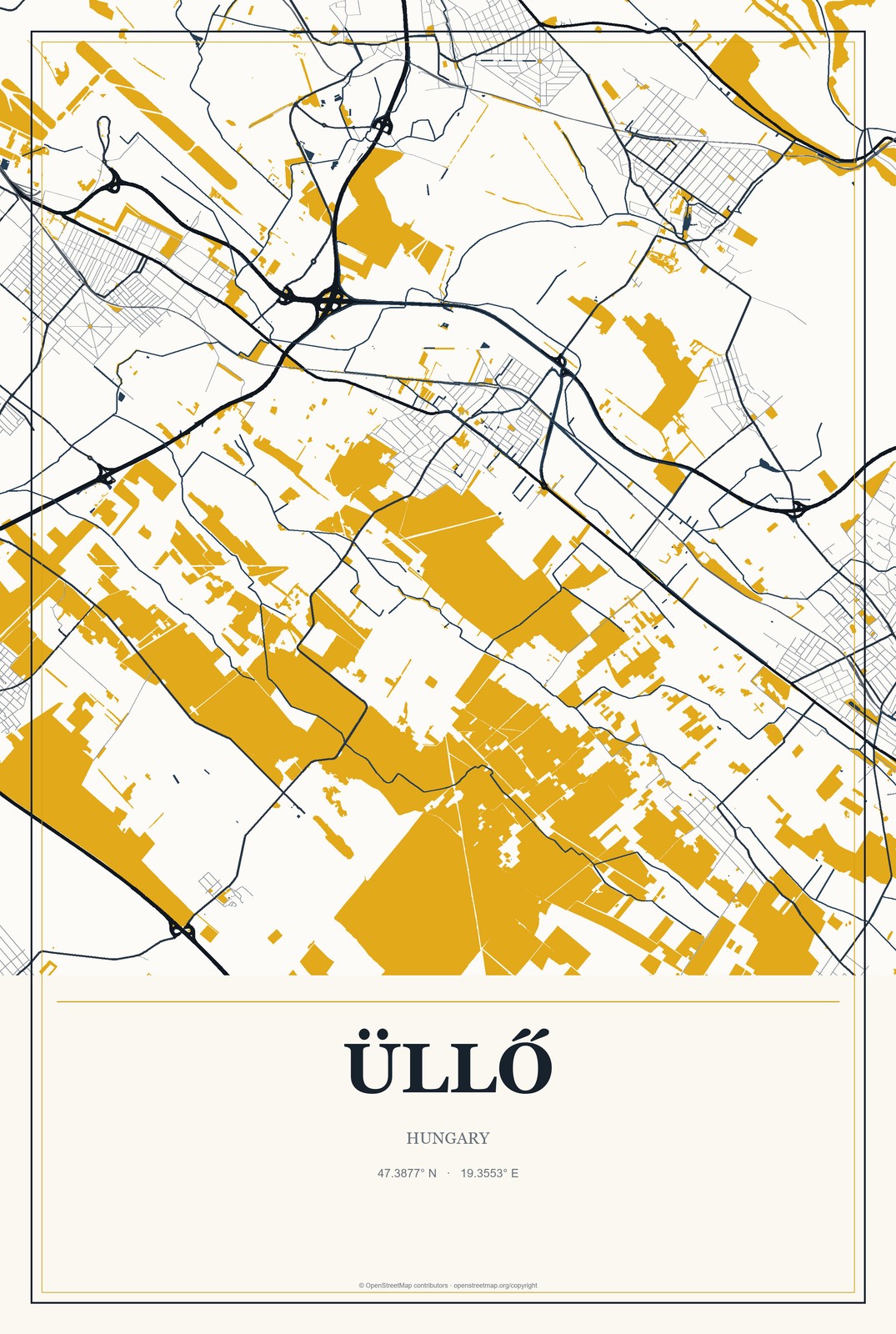Üllő, Hungary City Map Aluminum Sign in Citrine Modern style
