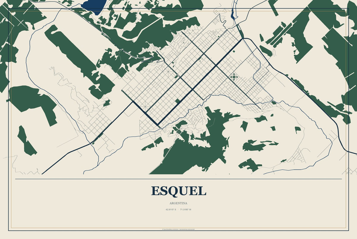 Esquel, Argentina City Map Aluminum Sign in Coastal Cutout style