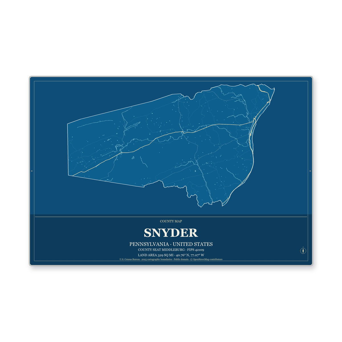 Snyder County, Pennsylvania Map Aluminum Sign in Harbor Cobalt style
