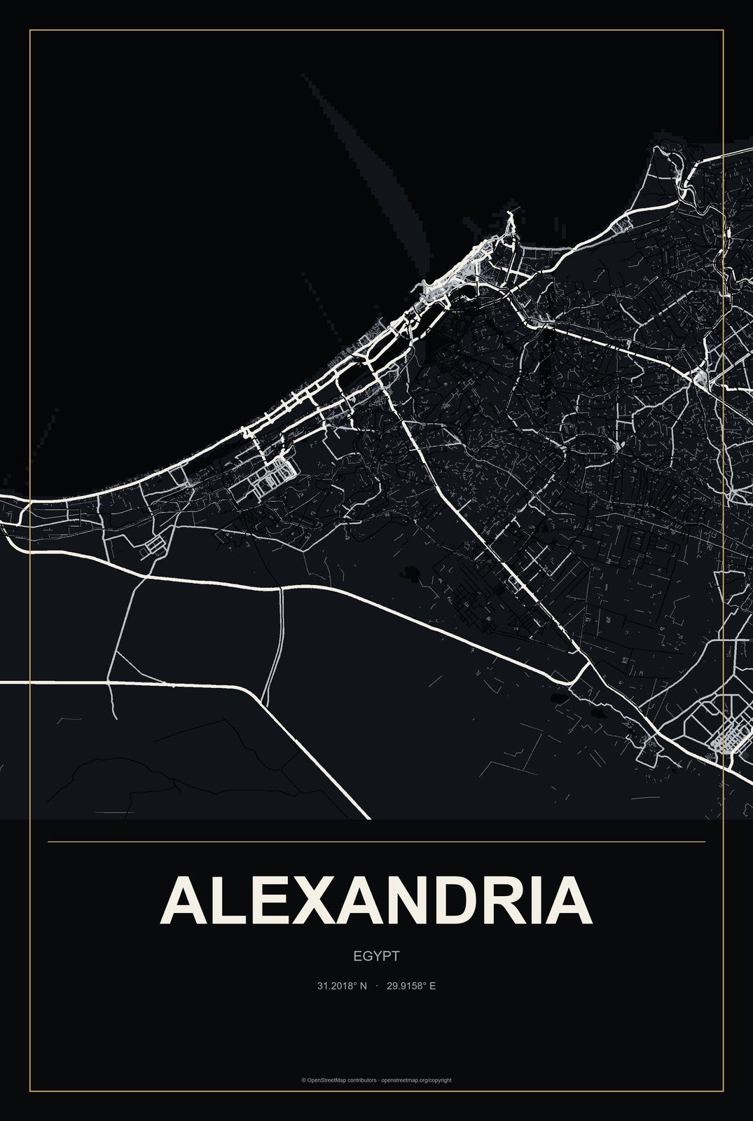 Alexandria, Egypt City Map Aluminum Sign in Metropolitan Noir style