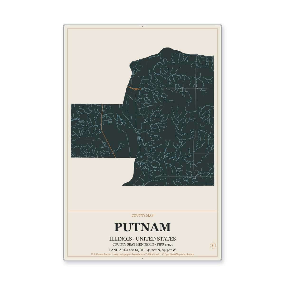 Putnam County, Illinois Map Aluminum Sign in Headline Atlas style
