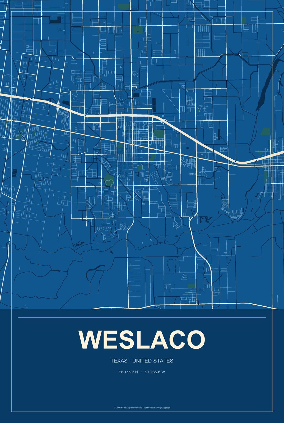 Weslaco, Texas City Map Aluminum Sign in Harbor Cobalt style
