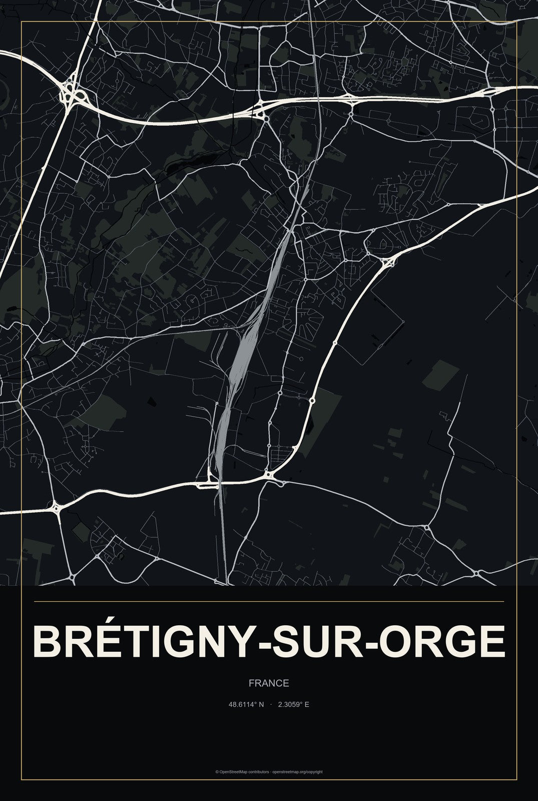 Brétigny-sur-Orge, France City Map Aluminum Sign in Metropolitan Noir style